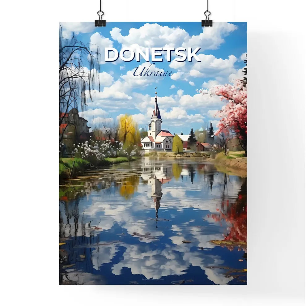 Donetsk, Ukraine, A Poster of a body of water with a church and trees in the background Default Title