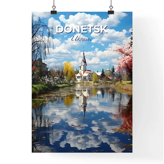 Donetsk, Ukraine, A Poster of a body of water with a church and trees in the background Default Title
