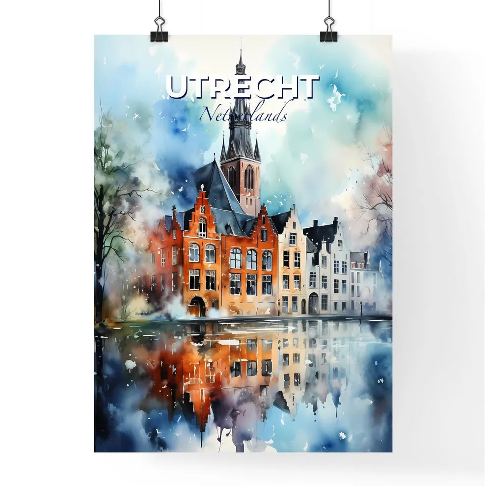 Utrecht, Netherlands, A Poster of a watercolor painting of a building with a tower Default Title