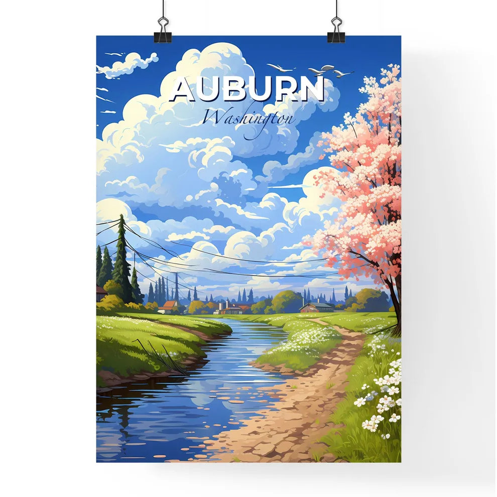 Auburn, Washington, A Poster of a river running through a grassy field with pink flowers and a tree Default Title