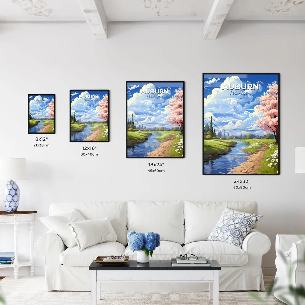 Auburn, Washington, A Poster of a river running through a grassy field with pink flowers and a tree Default Title