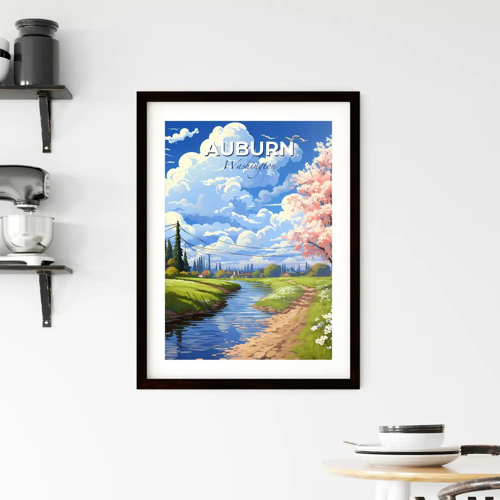 Auburn, Washington, A Poster of a river running through a grassy field with pink flowers and a tree Default Title