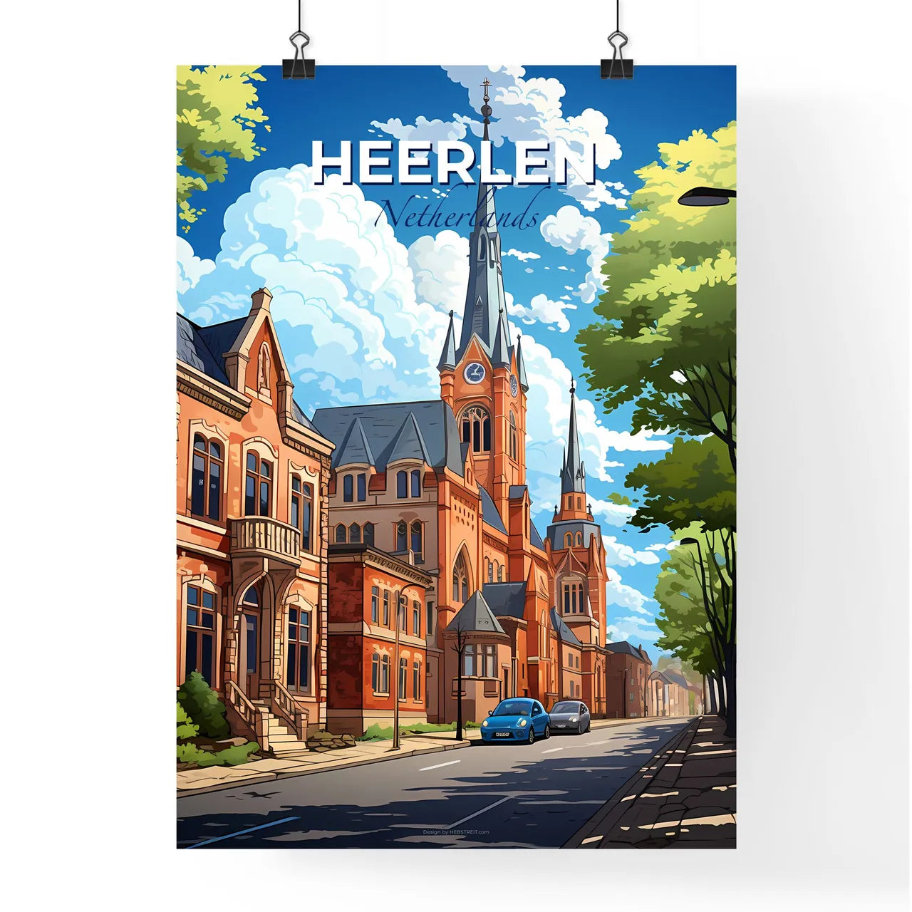 Heerlen, Netherlands, A Poster of a street with cars and a church with Sacred Heart Catholic Church in the background Default Title