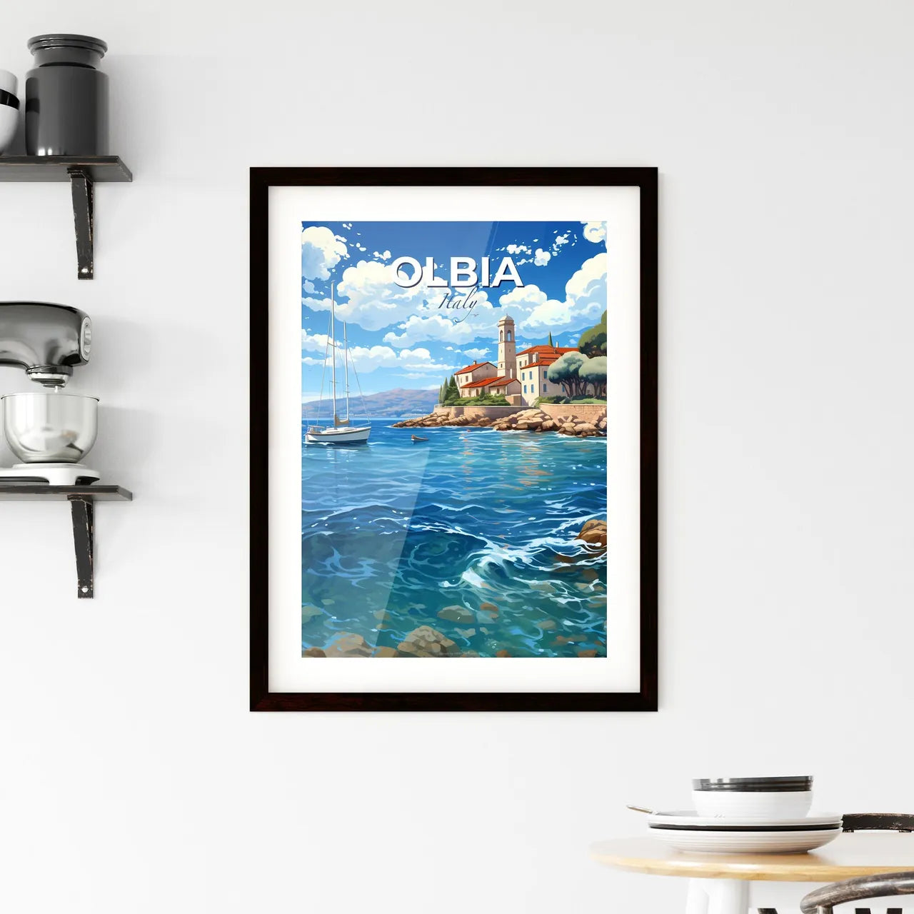 Olbia, Italy, A Poster of a sailboat on a body of water with a building and trees Default Title