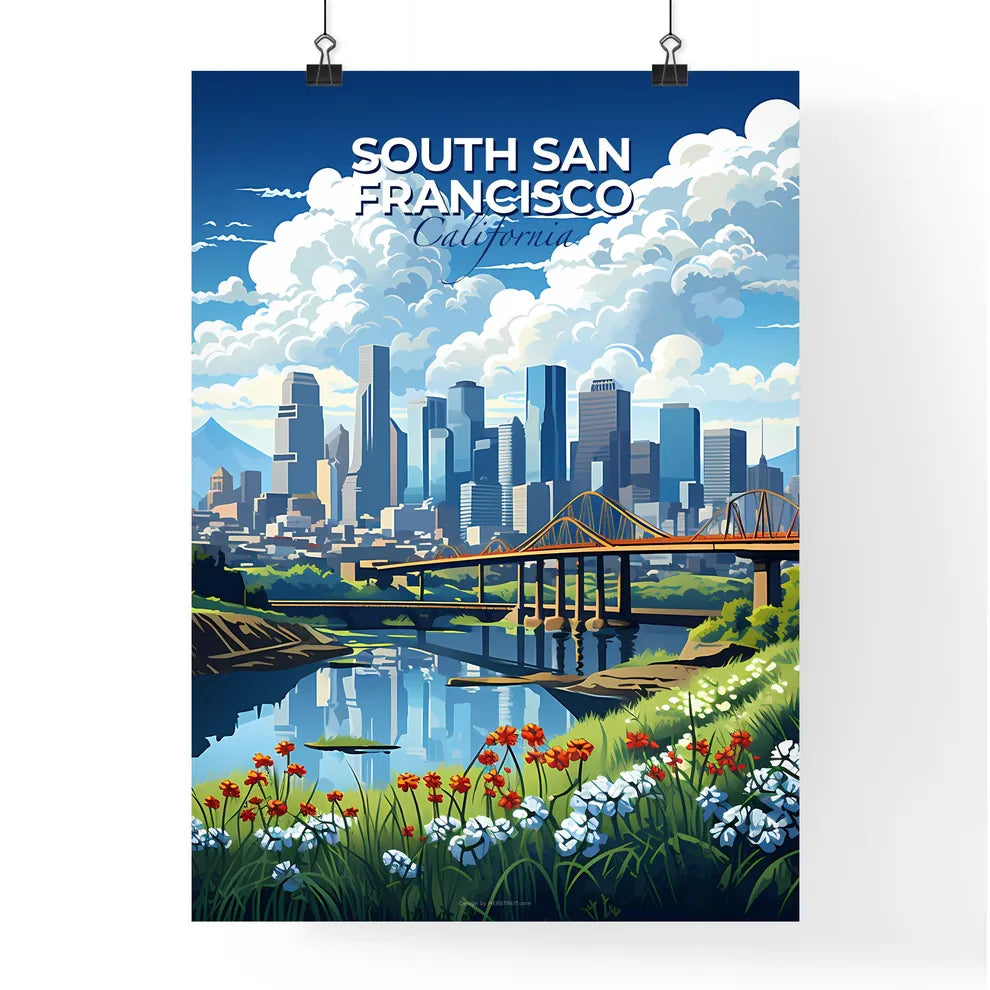 South San Francisco, California, A Poster of a bridge over a river with flowers and a city in the background Default Title