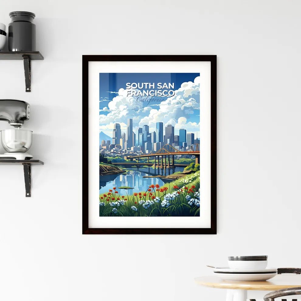 South San Francisco, California, A Poster of a bridge over a river with flowers and a city in the background Default Title