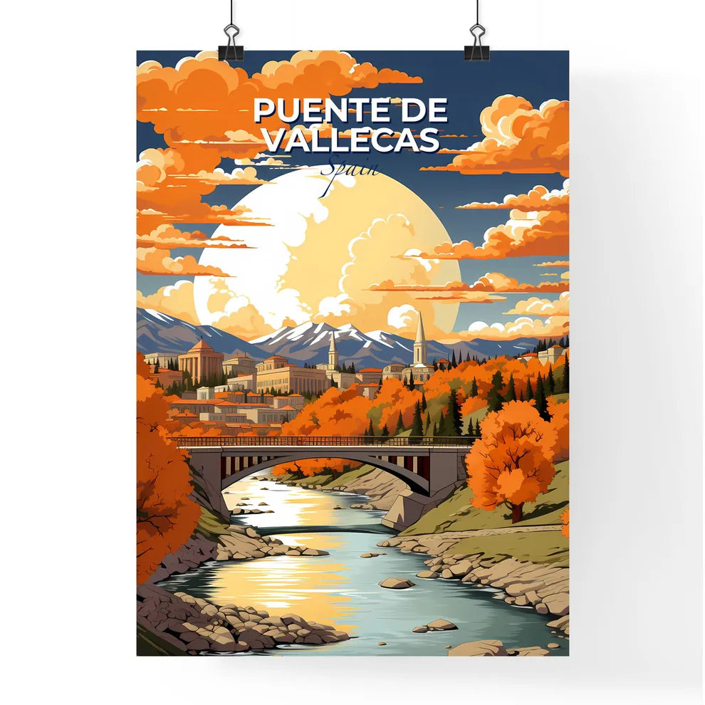 Puente De Vallecas, Spain, A Poster of a bridge over a river with orange trees and mountains in the background Default Title
