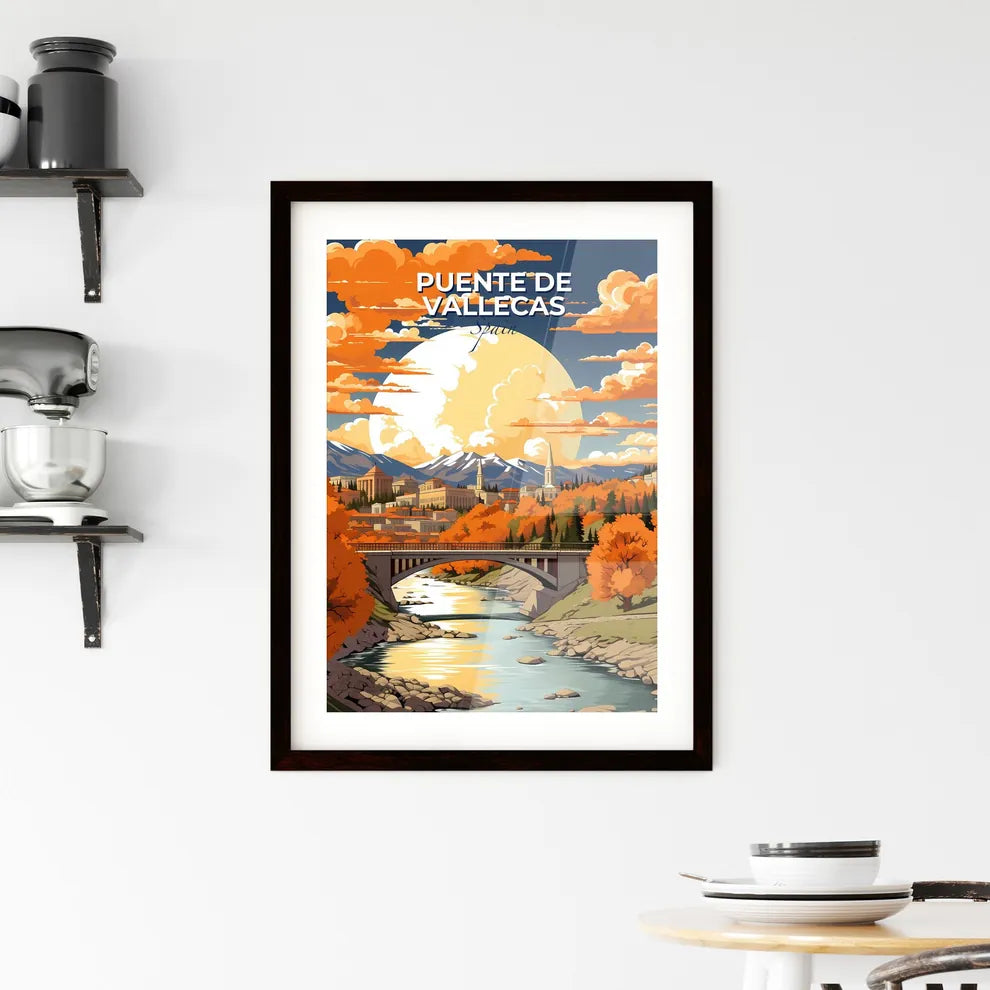 Puente De Vallecas, Spain, A Poster of a bridge over a river with orange trees and mountains in the background Default Title