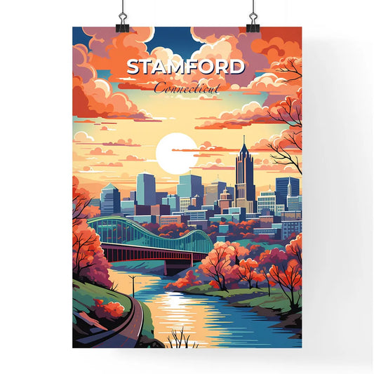 Stamford, Connecticut, A Poster of a colorful landscape of a city with a bridge and trees Default Title