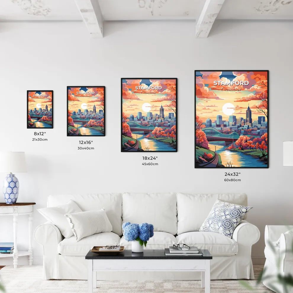 Stamford, Connecticut, A Poster of a colorful landscape of a city with a bridge and trees Default Title