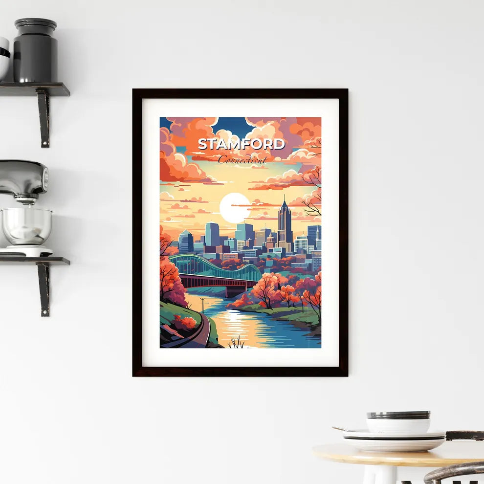 Stamford, Connecticut, A Poster of a colorful landscape of a city with a bridge and trees Default Title