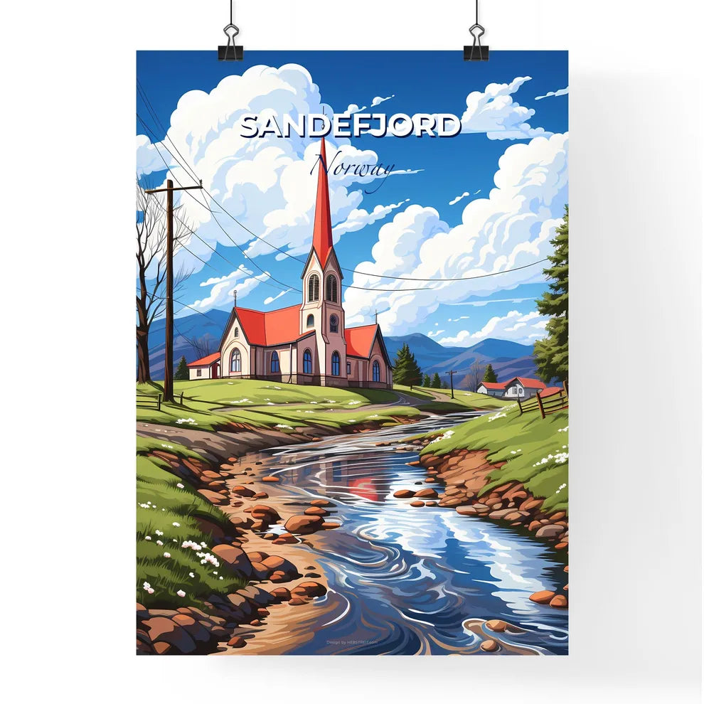 Sandefjord, Norway, A Poster of a church with a red roof and a red steeple on a hill with a stream of water Default Title