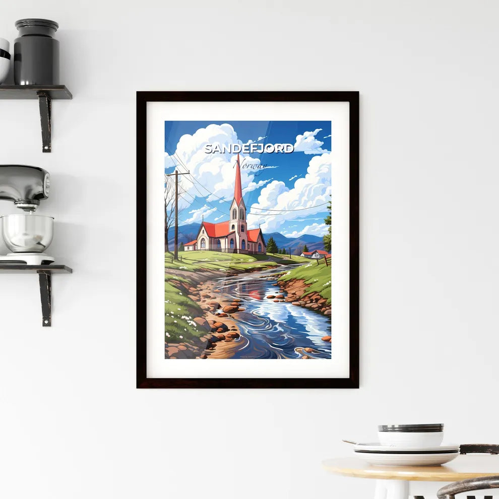 Sandefjord, Norway, A Poster of a church with a red roof and a red steeple on a hill with a stream of water Default Title