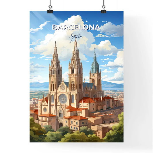 Barcelona, Spain, A Poster of a large building with towers and a city in the background Default Title