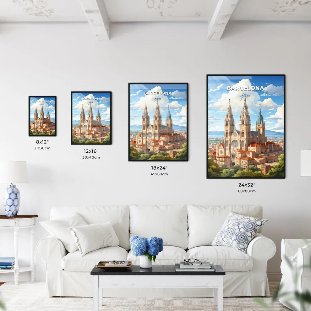 Barcelona, Spain, A Poster of a large building with towers and a city in the background Default Title