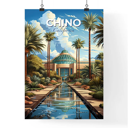 Chino, California, A Poster of a water way with palm trees and a building Default Title