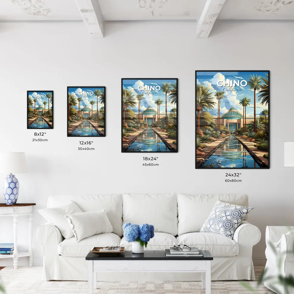 Chino, California, A Poster of a water way with palm trees and a building Default Title