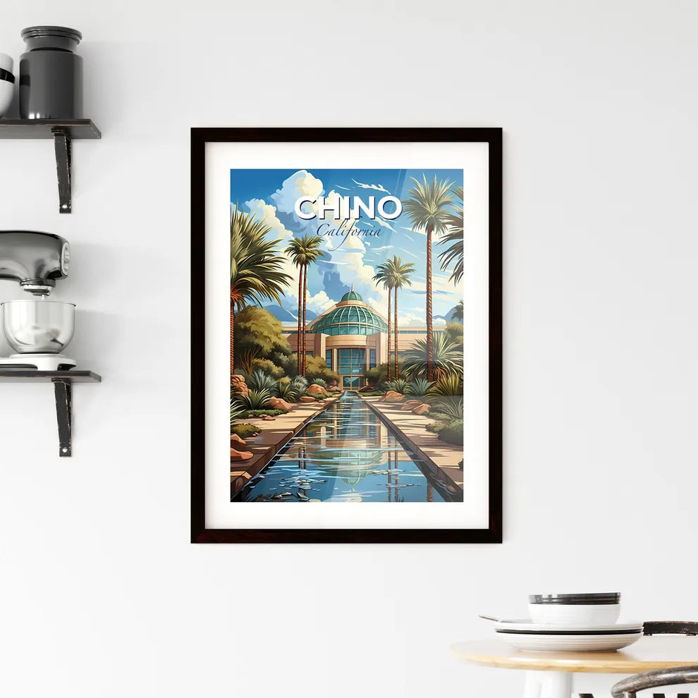 Chino, California, A Poster of a water way with palm trees and a building Default Title