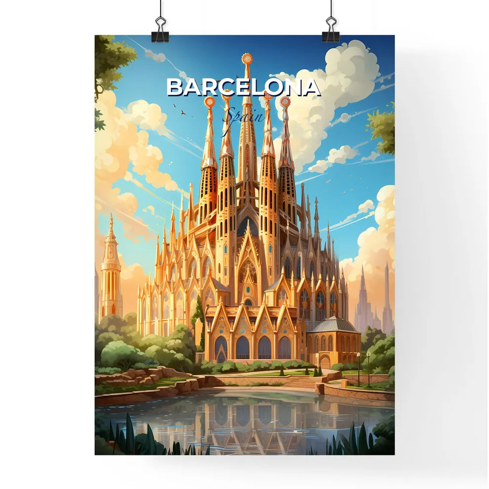 Barcelona, Spain, A Poster of a castle with many spires and a pond with Sagrada Família in the background Default Title