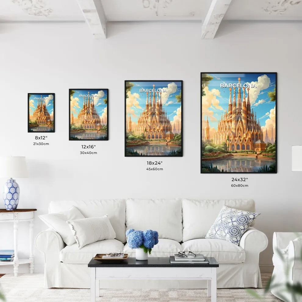 Barcelona, Spain, A Poster of a castle with many spires and a pond with Sagrada Família in the background Default Title