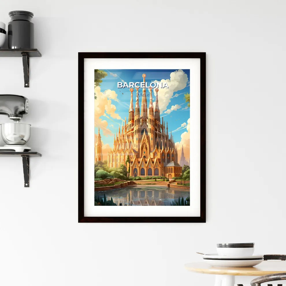 Barcelona, Spain, A Poster of a castle with many spires and a pond with Sagrada Família in the background Default Title