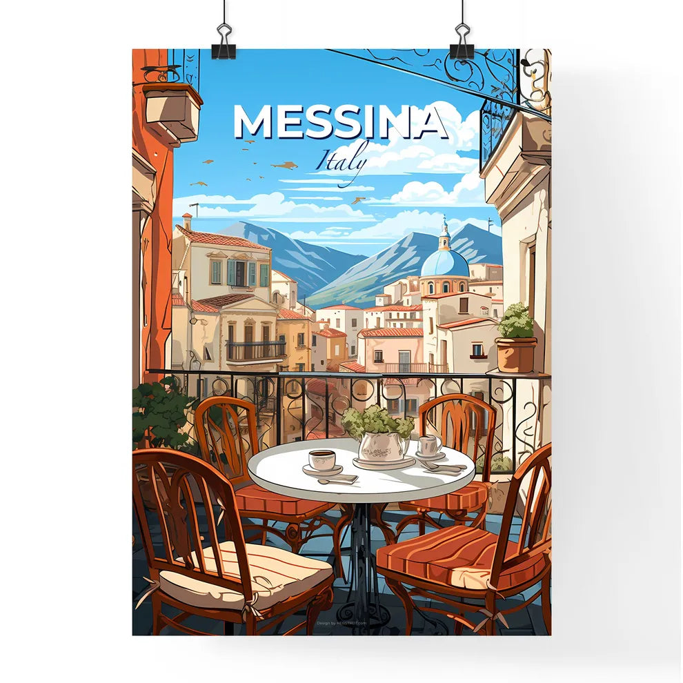 Messina, Italy, A Poster of a table and chairs on a balcony with a view of a city Default Title