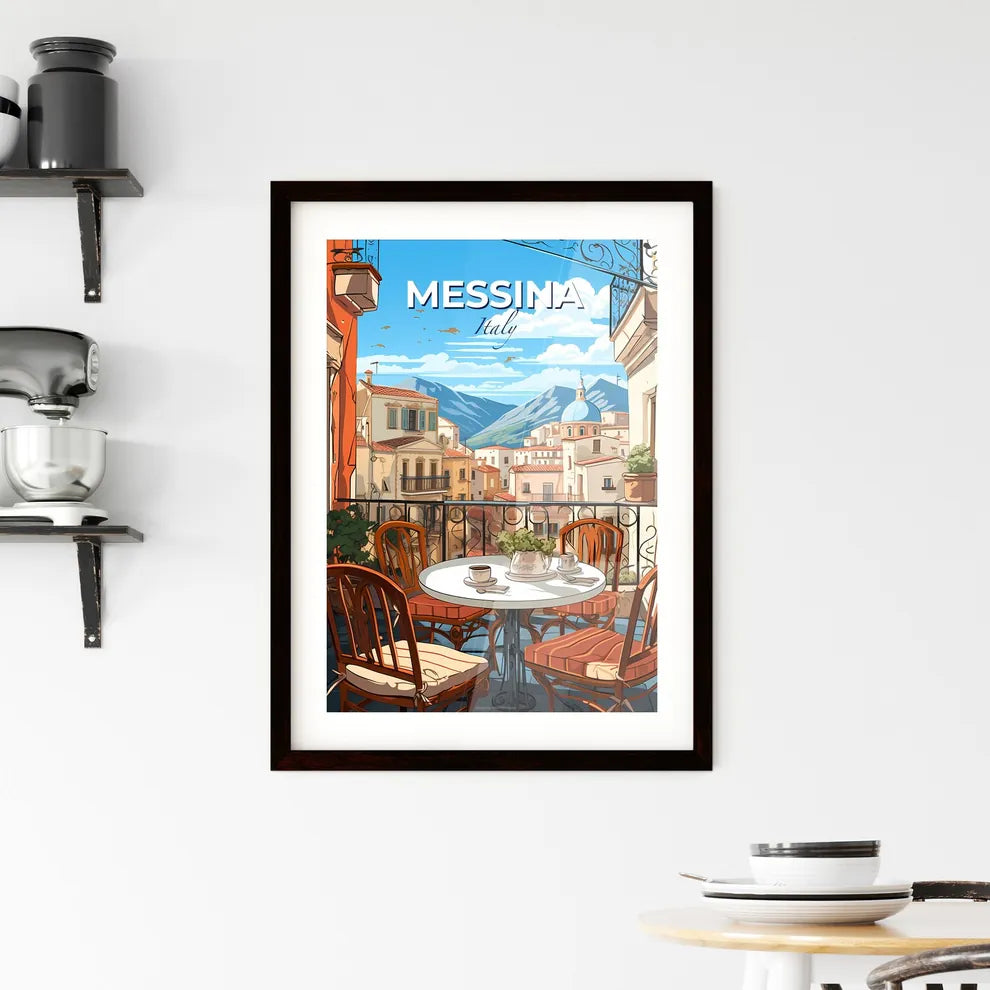 Messina, Italy, A Poster of a table and chairs on a balcony with a view of a city Default Title