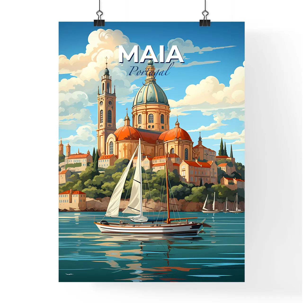 Maia, Portugal, A Poster of a sailboat on the water with a building in the background Default Title