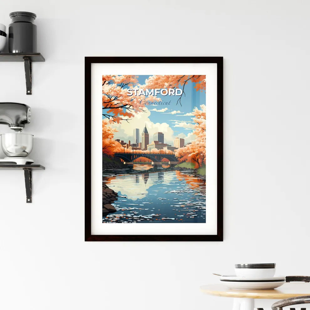 Stamford, Connecticut, A Poster of a river with a bridge and trees with orange leaves Default Title