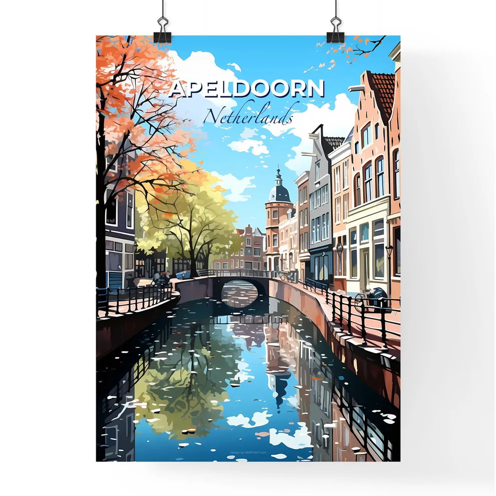 Apeldoorn, Netherlands, A Poster of a canal with a bridge and buildings Default Title