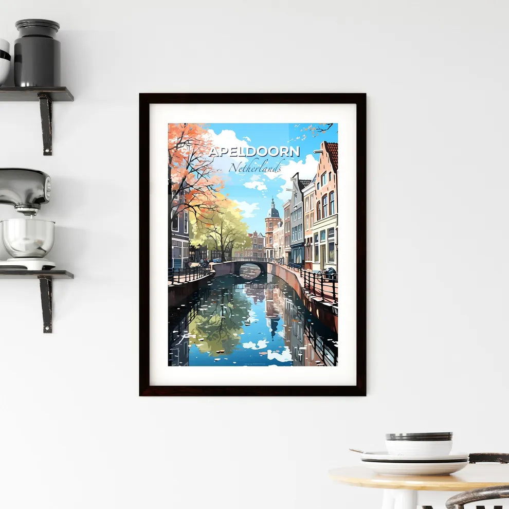 Apeldoorn, Netherlands, A Poster of a canal with a bridge and buildings Default Title