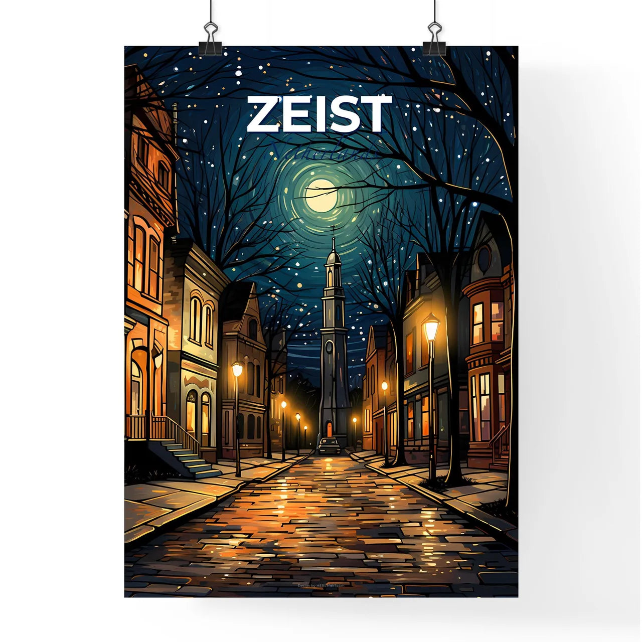Zeist, Netherlands, A Poster of a street with buildings and a tower in the background Default Title
