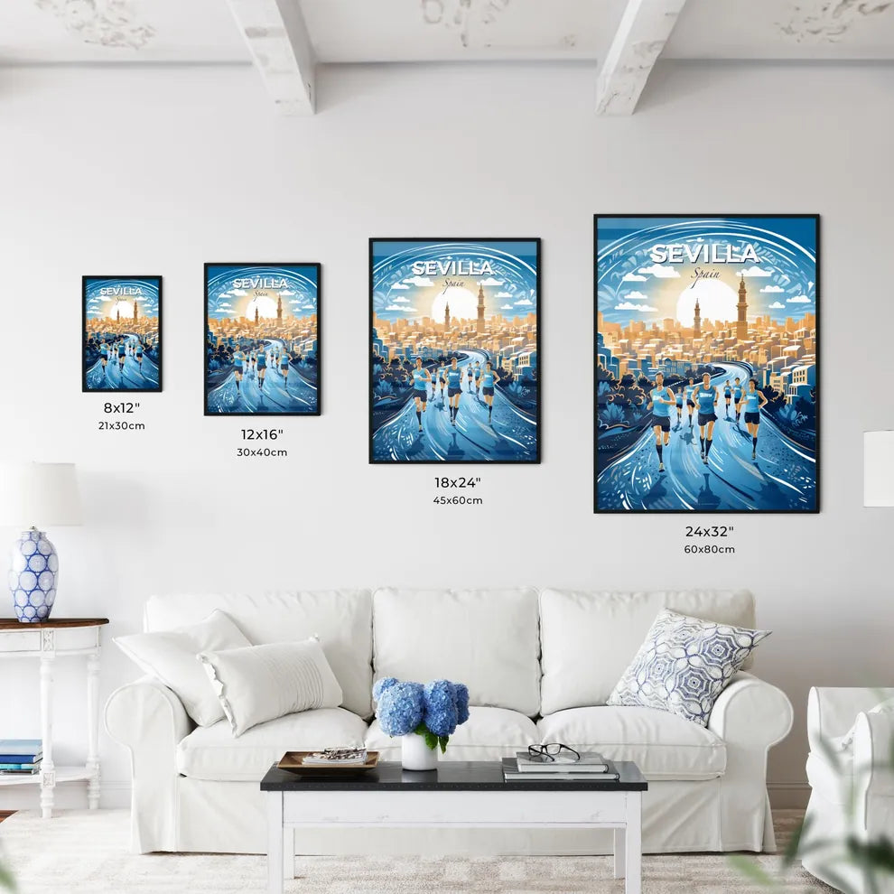 Sevilla, Spain, A Poster of a group of people running on a road in a city Default Title