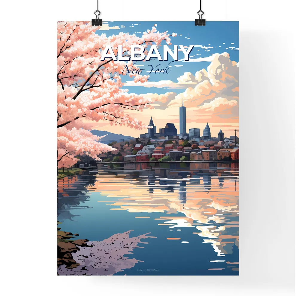 Albany, New York, A Poster of a water body with pink flowers and a city in the background Default Title