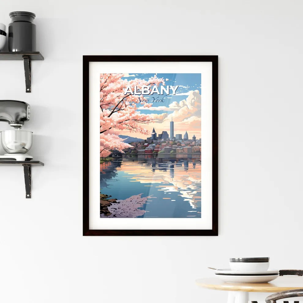 Albany, New York, A Poster of a water body with pink flowers and a city in the background Default Title