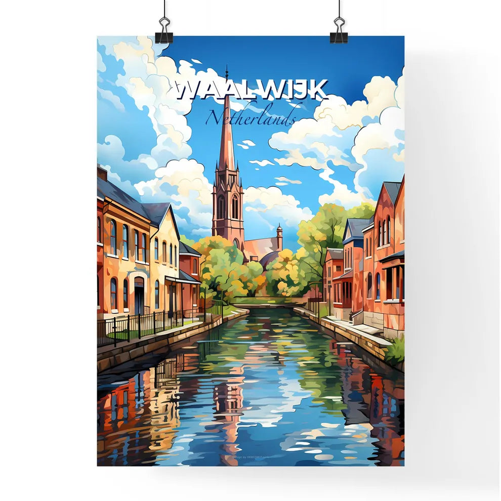Waalwijk, Netherlands, A Poster of a water canal with houses and a church in the background Default Title