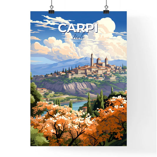 Carpi, Italy, A Poster of a painting of a town on a hill with trees and a river Default Title