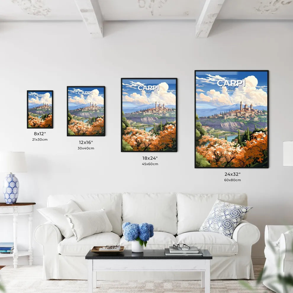 Carpi, Italy, A Poster of a painting of a town on a hill with trees and a river Default Title