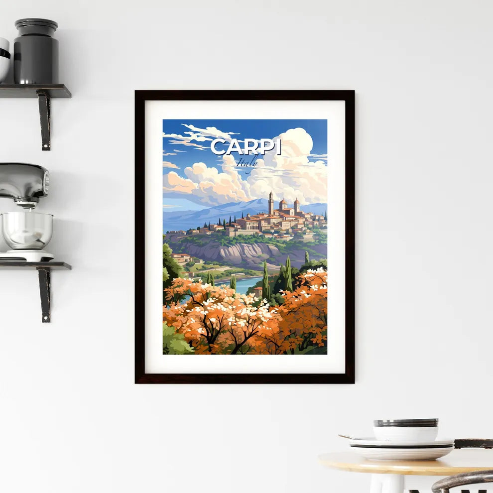 Carpi, Italy, A Poster of a painting of a town on a hill with trees and a river Default Title
