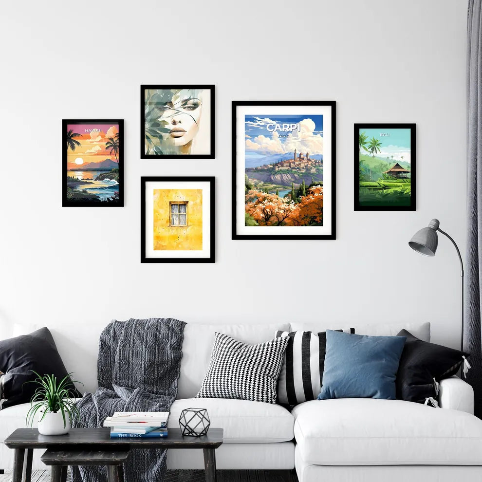 Carpi, Italy, A Poster of a painting of a town on a hill with trees and a river Default Title