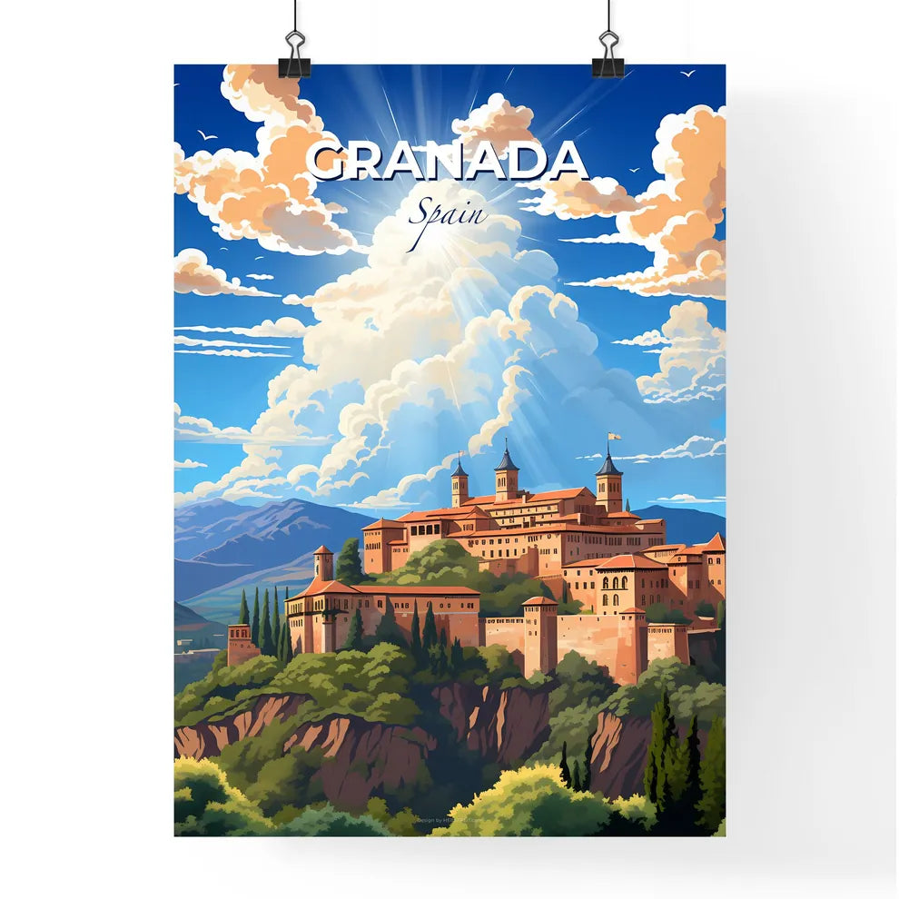 Granada, Spain, A Poster of a castle on a hill with trees and mountains in the background Default Title
