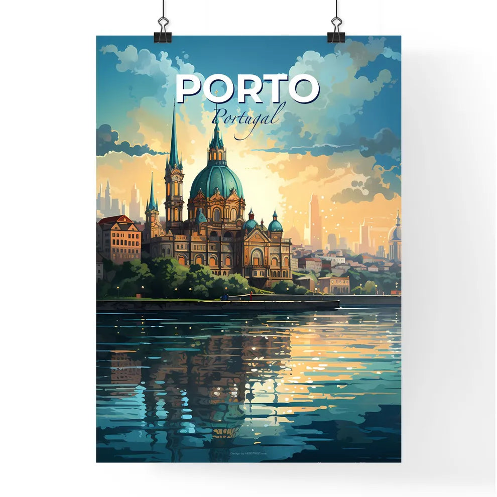 Porto, Portugal, A Poster of a building with towers and a city in the background Default Title