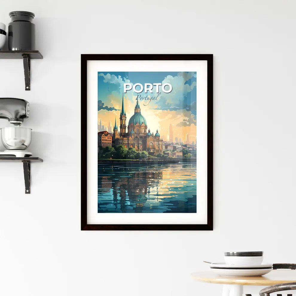Porto, Portugal, A Poster of a building with towers and a city in the background Default Title