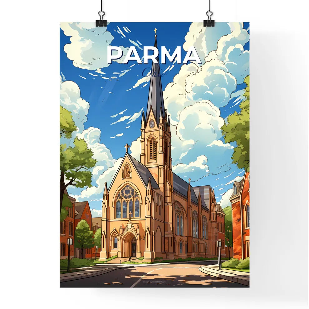 Parma, Ohio, A Poster of a church with a steeple and trees Default Title