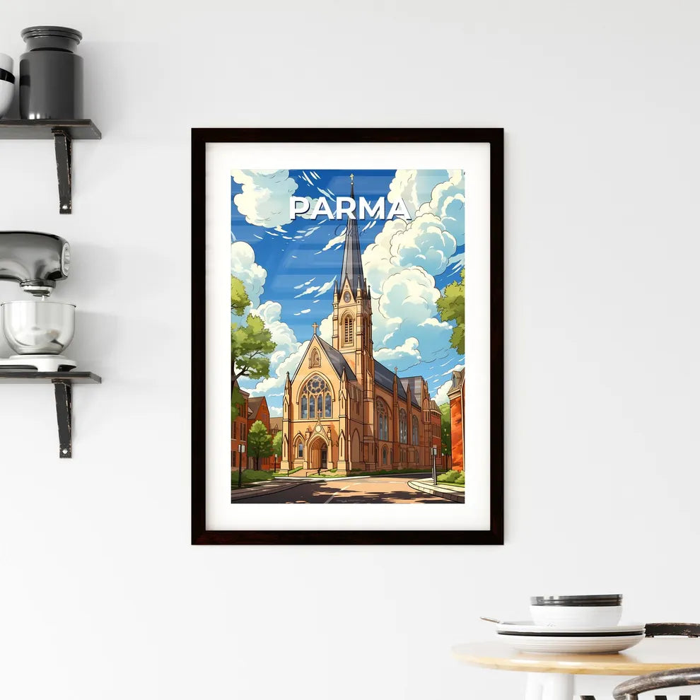 Parma, Ohio, A Poster of a church with a steeple and trees Default Title