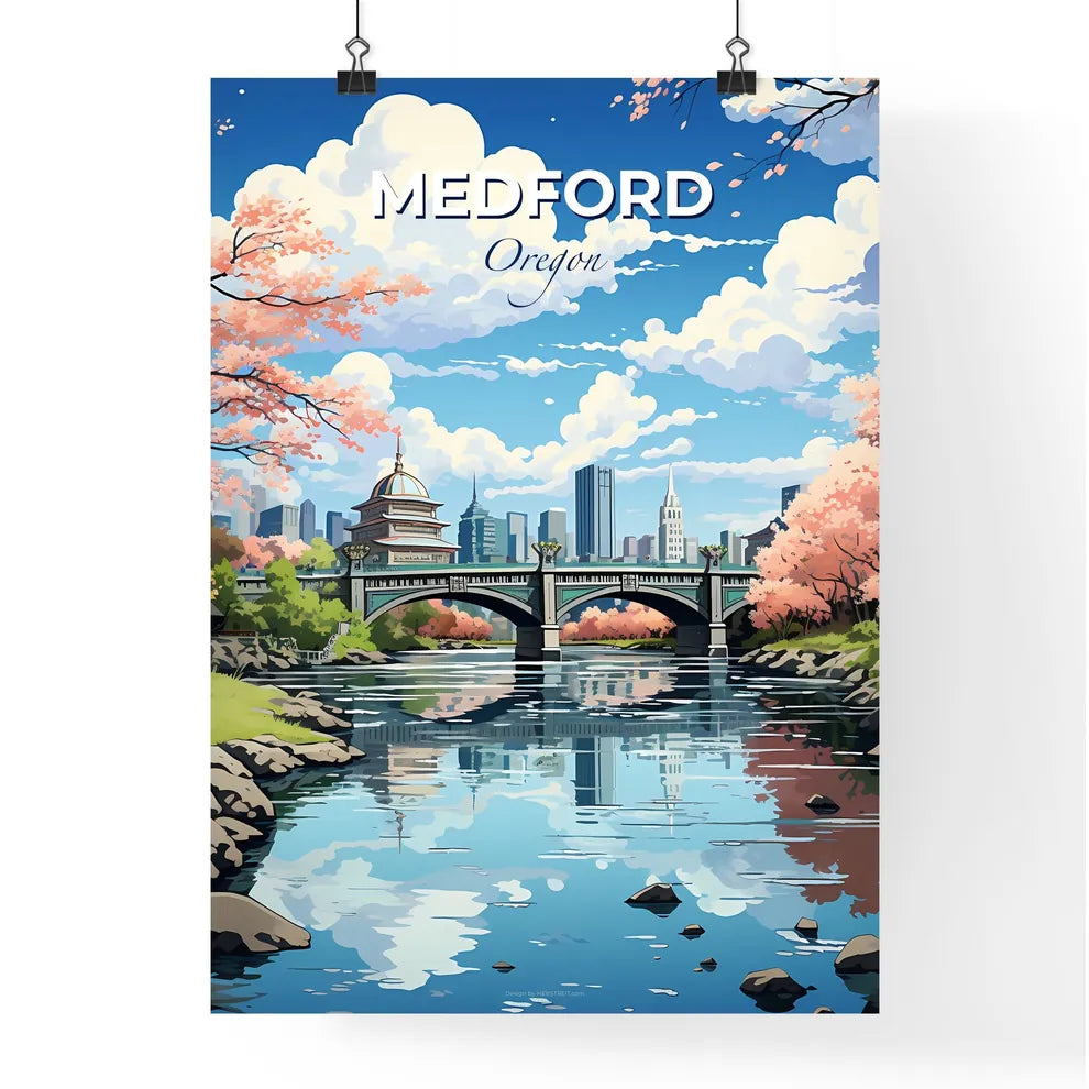 Medford, Oregon, A Poster of a bridge over a river with pink trees and a city in the background Default Title