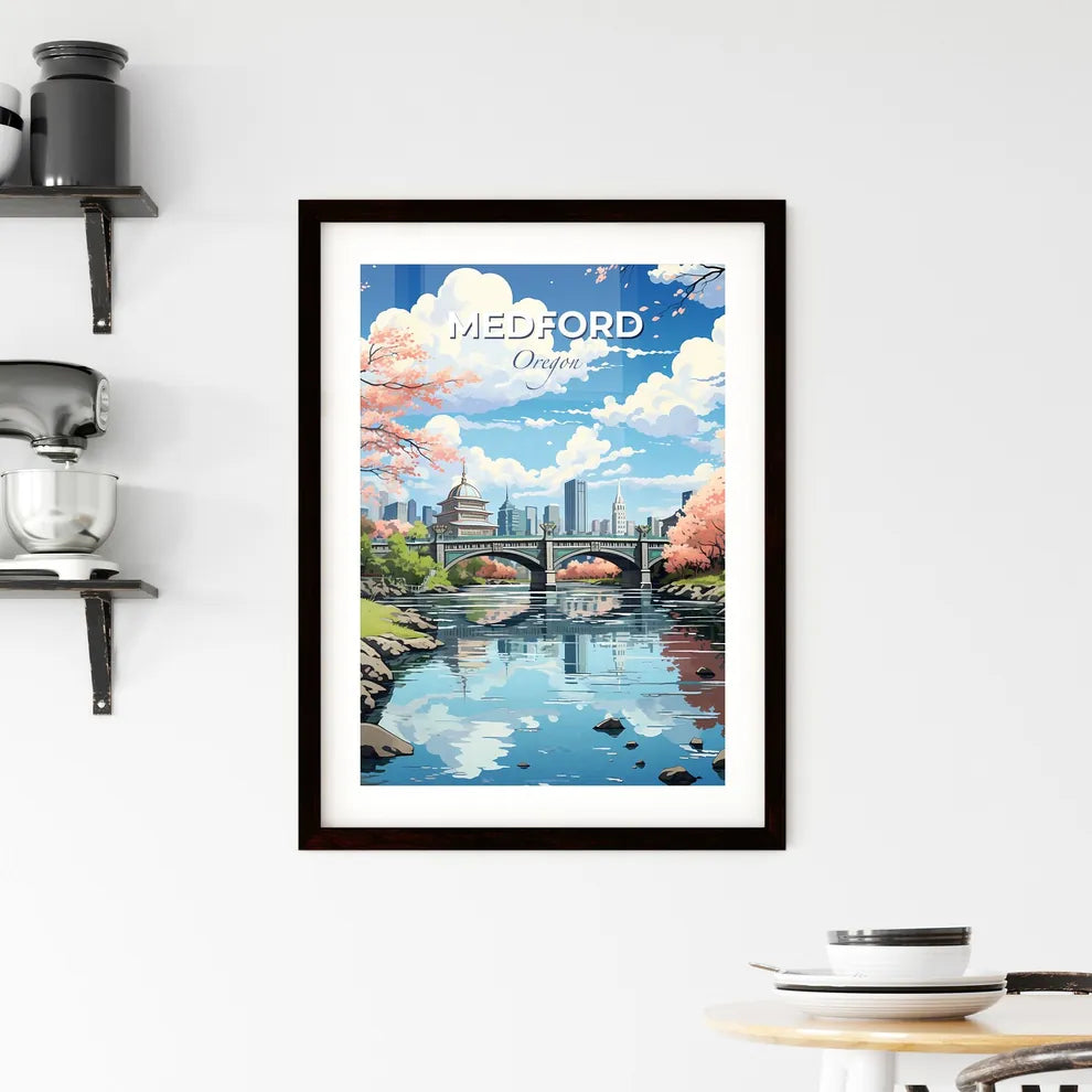 Medford, Oregon, A Poster of a bridge over a river with pink trees and a city in the background Default Title