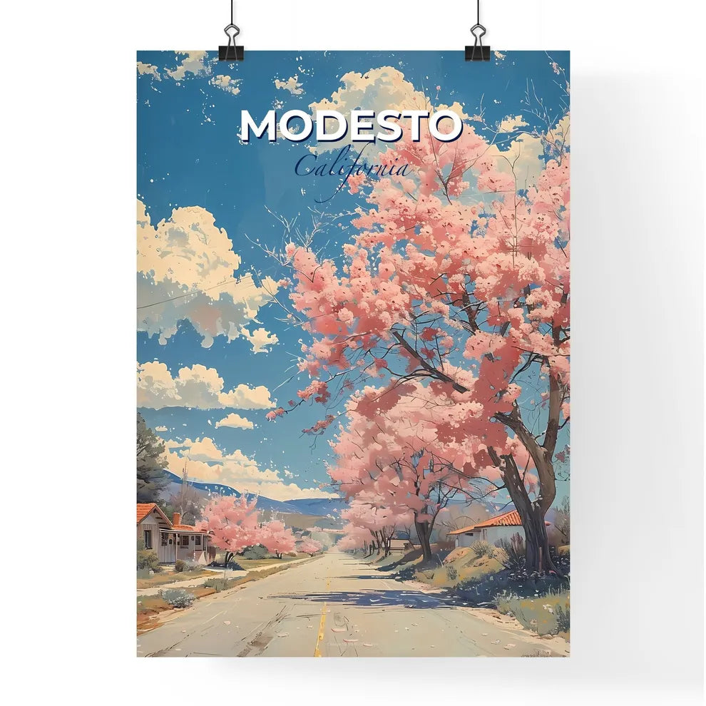 Modesto, California, A Poster of a road with pink flowers on trees Default Title
