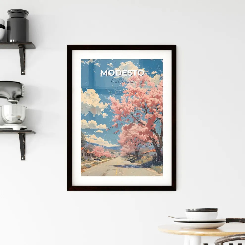 Modesto, California, A Poster of a road with pink flowers on trees Default Title