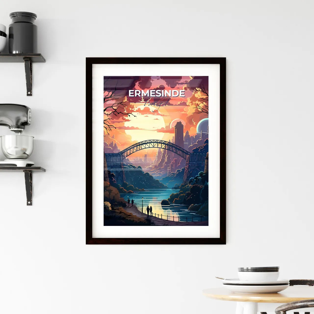 Ermesinde, Portugal, A Poster of a bridge over a river with trees and a sunset Default Title